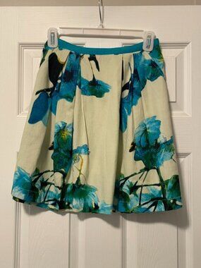 Anthropologie Cream Midi Skirt with Teal & Blue Floral Print